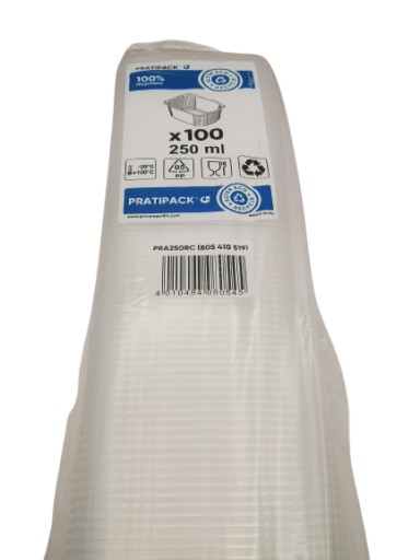 Bezfarebná obdĺžniková nádoba 250ml OPÄTOVNE POUŽITEĽNÁ! BEZ POPLATKU BDO! 100 ks.
