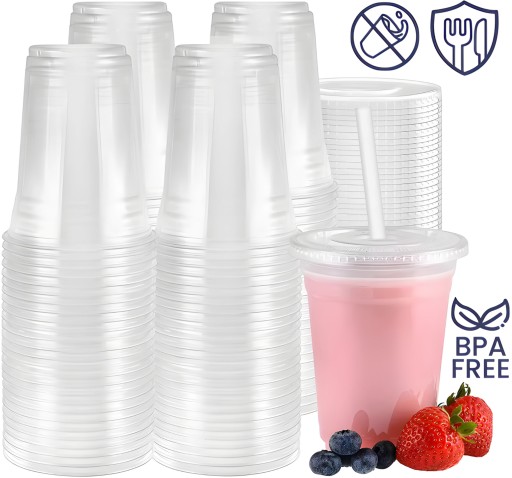 PET poháre na shake 300ml s plochým viečkom 50ks Plastové jednorázové