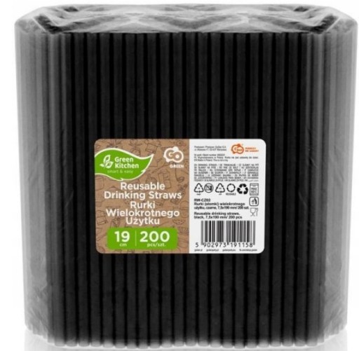 Plastové slamky, opakovane použiteľné čierne tuby, 200 ks.