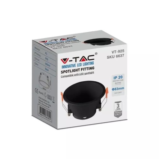 V-TAC GU10 zadlabávacie očko hlboké okrúhle čierne VT-925 3-ročná záruka