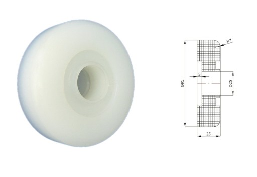 Polyamidový valček na brány bez ložísk, priemer 90mm, priemer 25mm