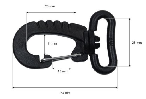 Karabína 25 mm plastová otočná karabínka čierna 4 ks.