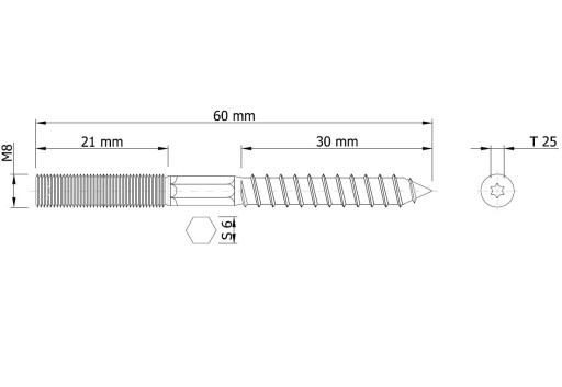 Čap drevo kovový kolík M8 x 60 mm, torx