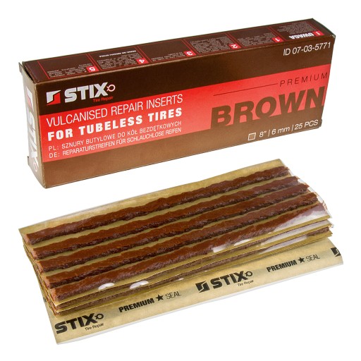 HNEDÉ BUTYLOVÉ ŠNÚRY 6MM NA OPRAVU PNEUMATÍK 20CM LONG STIX 25 KS.