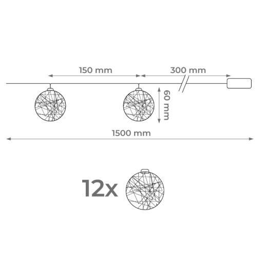 LED girlanda, 12 x biela a šedá guľa, 2 x AA, 1,5 m