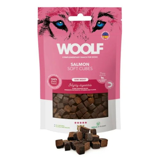 WOOLF prírodná pochúťka, jemné kocky lososa 100g