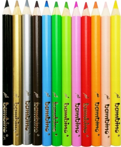 Bambino pastelky, 12 farieb, drevený rám, hrubé, jadro KAOLIN CLAY