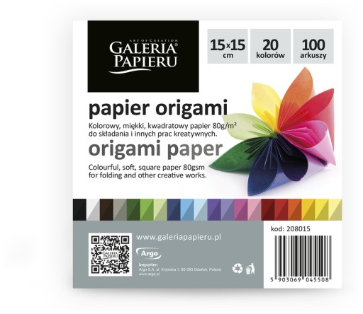 FAREBNÝ ORIGAMI PAPIER pre DETI Súprava 15x15 100 LISTOV Argo TVRDÝ
