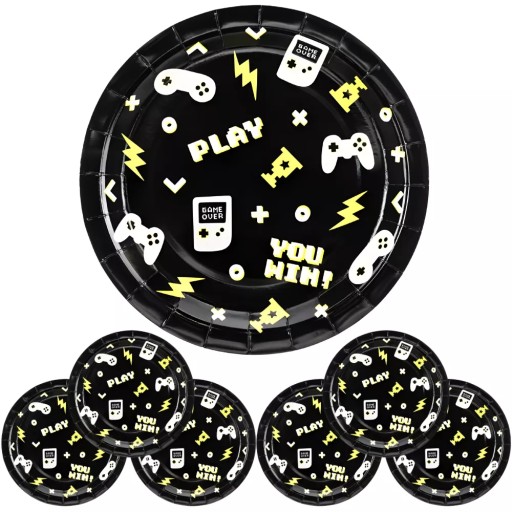 Guľaté papierové taniere Gamer, čierne, 23 cm, 6 ks