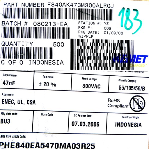 RIFA fólia 0,047uF 47nF 20% 300V AC 10ks