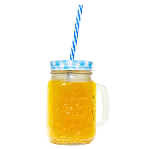 Sklenený hrnček s uzáverom a slamkou v rôznych farbách