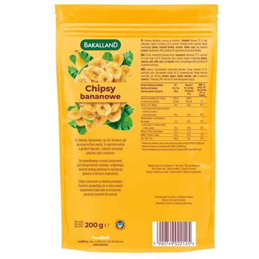 BAKALLAND Chips, banánové chipsy, sušené banánové plátky, 200 g