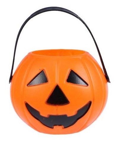Halloweenska dekorácia s príveskom vo vedierku na cukrovinky z tekvice