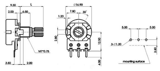Lineárny rotačný potenciometer B100K 100K Ohm L=15