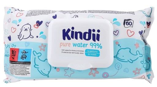 Kindii vlhčené obrúsky, voda, 60 ks v balení pre deti 0+ PURE