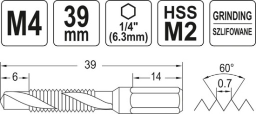 VŔTAČKA NA VŔTAČKY YATO M4 0,7 mm HEX 1/4 OCEL HSS