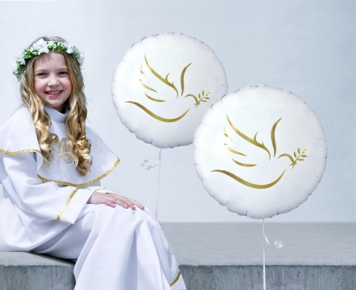 Fóliový balón Zlatá holubica, okrúhly 46 cm PRVÉ SV. PRIJÍMANIE