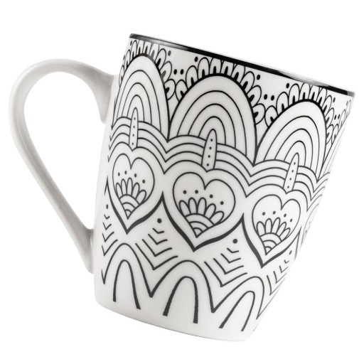 PORCELÁNOVÝ hrnček na pitie kávy, čaju, nápojov, biely, čierny, MANDALA, 370 ml