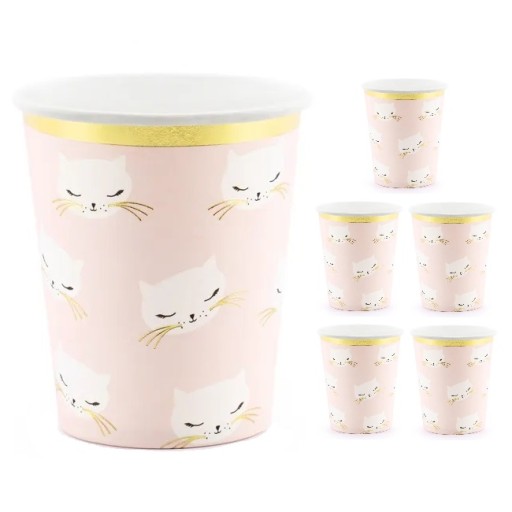 Narodeninové papierové poháre Kitties Cats Mačka na narodeniny ružové 200ml 6 ks