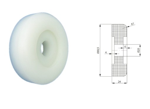 Polyamidový valček na brány bez ložísk, priemer 88mm, priemer 20mm