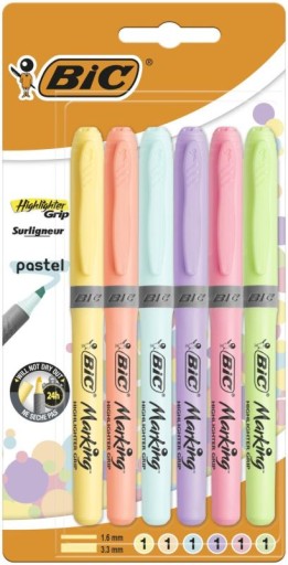 BIC Zvýrazňovač GRIP ŠKOLSKÝ ZVÝRAZŇOVAČ KANCELÁRIA 6 PASTELOVÝCH FARIEB