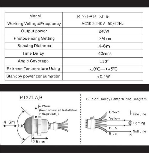 Pohybový senzor Senzor PIR Sonda 230V 20mm LED