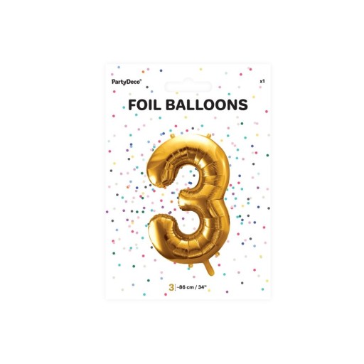 Fóliový balónik CYFRA 3 GOLD, veľký, 86 cm, pre HEL k narodeninám