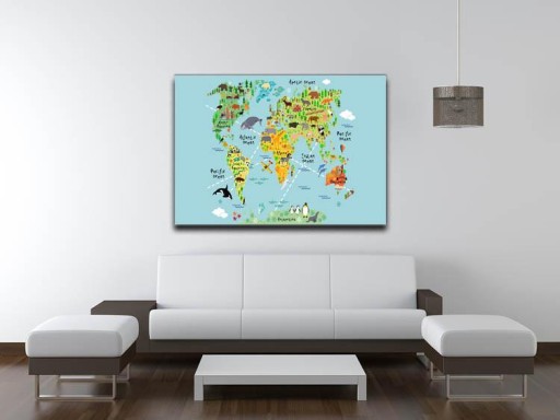 Mapa sveta zvierat na plátne pre deti 88x62
