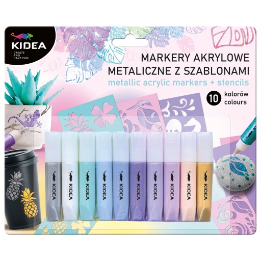 Kidea Metalické akrylové fixky 10 farieb s rýchloschnúcimi šablónami