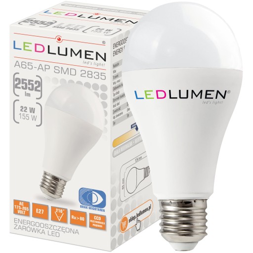 E27 A65 LED žiarovka 22W=155W 2552lm 210° CCD Úspora energie bez blikania