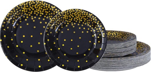 Veľké ČIERNE papierové taniere s narodeninovým grilom GOLD DOTS 23cm 6 ks
