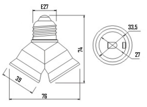 Rozbočovač lampy, T-kus, adaptér z E27 na 2x E27