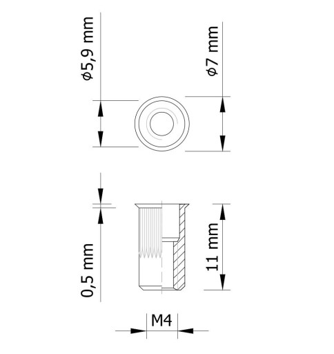 Drážkovaná nitovacia matica, mini kužeľ, M4 x 11 mm