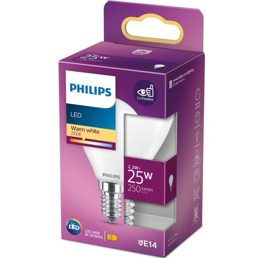 LED žiarovka E14 P45 GULIČKA 2,2W = 25W 250lm 2700K Teplá FILAMENT PHILIPS