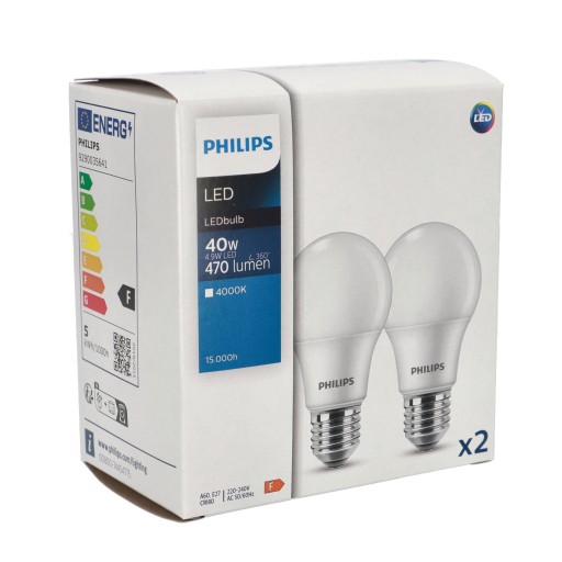 PHILIPS SET 2x E27 LED žiarovka 4,9W = 40W 4000K NEUTRÁLNA BIELA 470lm A60