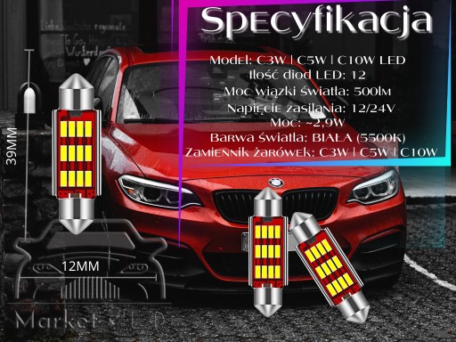 Trubicová žiarovka C5W C10W C3W - 12SMD 4014 - 12V | 24V - 500 LM! Kvalita - 39 mm