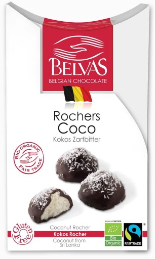BELGICKÉ ČOKOLÁDY S KOKOSOVOU NÁPLŇOU FAIR TRADE BEZLEPKOVÁ BIO