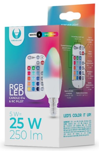 LED žiarovka na sviečku E14, farebná RGB + teplá, 5W