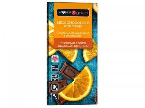 Mliečna čokoláda s pomarančom, bez pridaného cukru, 75 g Pure&Good