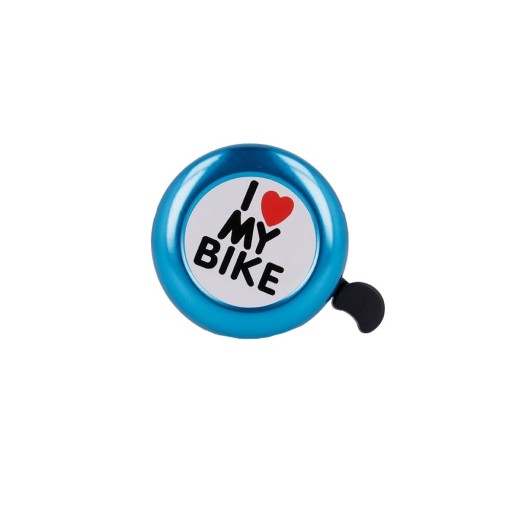 Cyklistický zvonček na bicykel s nápisom Milujem svoj bicykel, hlasný, pekný a modrý
