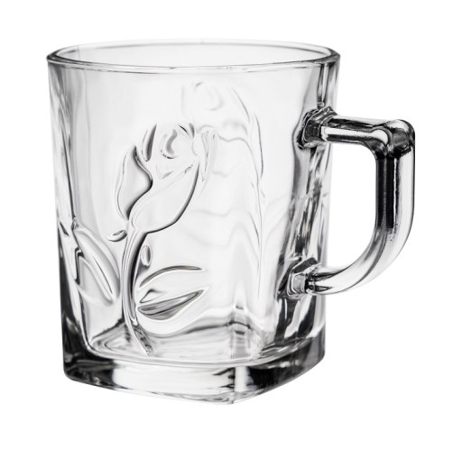 Pohár RUŽA s uškom, hrnček, 260 ml, reliéfna potlač s lupeňmi ruže, štvorec