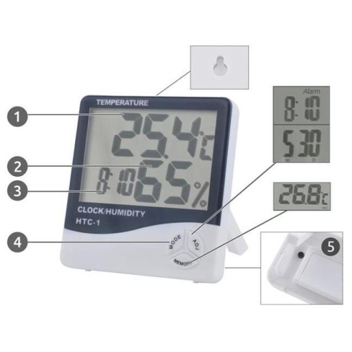 Teplomer, vlhkomer, vlhkomer, hodiny, meteostanica od -10°C do 50°