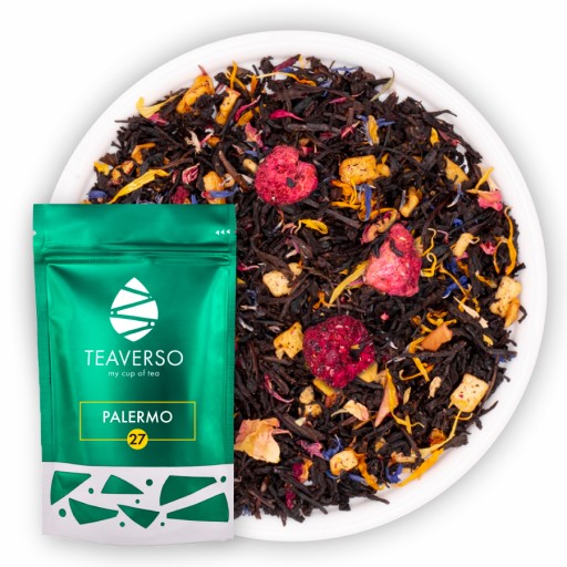 ČIERNY LISTOVÝ ČAJ NÁZOV RUŽE JABLKO MALINOVÁ RUŽA PALERMO TEAVERSO 50G