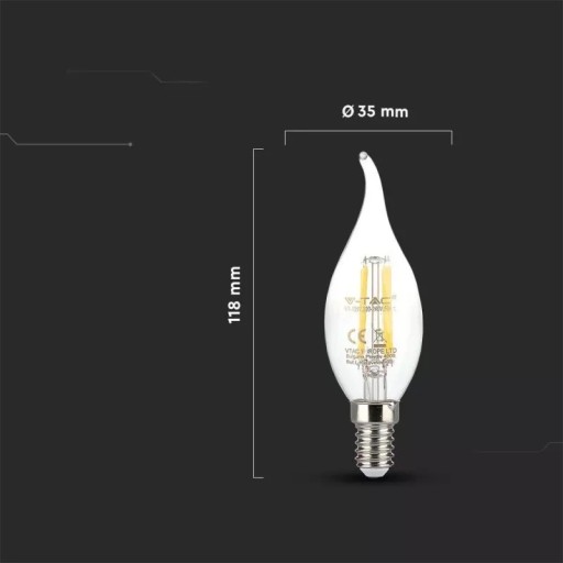 V-TAC LED žiarovka 4W E14 vlákno Plameň sviečky VT-1997 4000K 400lm