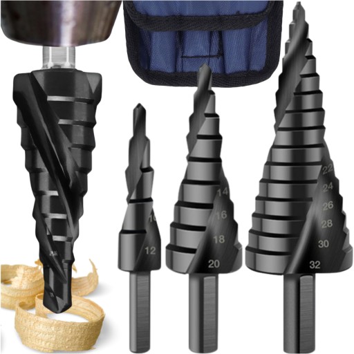 Stupňovité vrtáky 3 ks špirálová súprava kužeľová 4-32mm na drevený plech