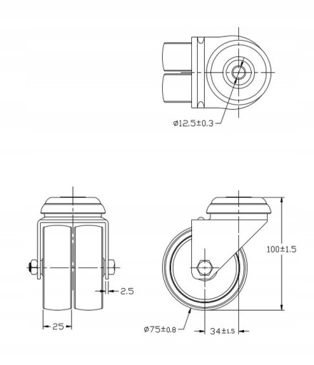 TANDEM otočné koleso (dvojčatá) 75 mm 100 kg montážna drážka