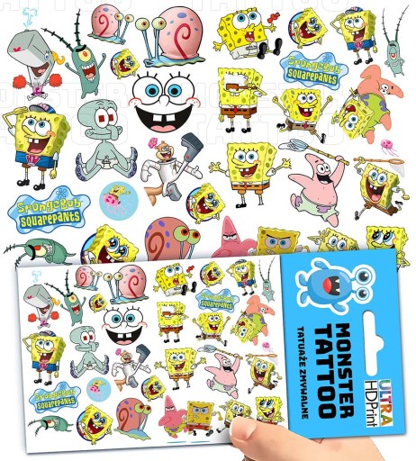UMÝVAJÚCE DOČASNÉ TETOVANIE PRE DETSKÉ DETSKÉ SPONGEBOB ORIGINÁLNE VZORY
