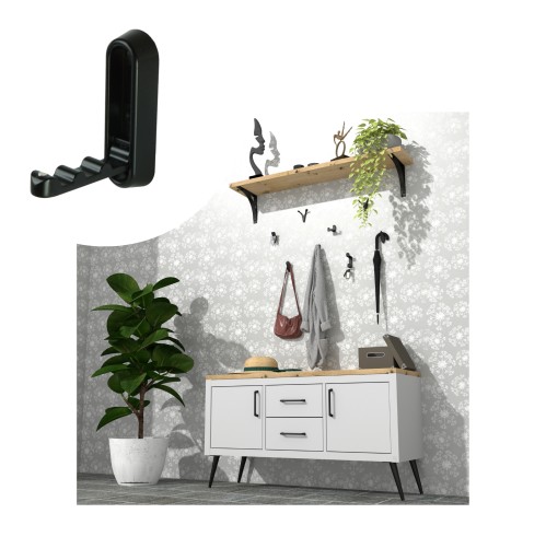 Nástenný vešiak, jednoháčik, na oblečenie, skladací, zamak, čierny loft