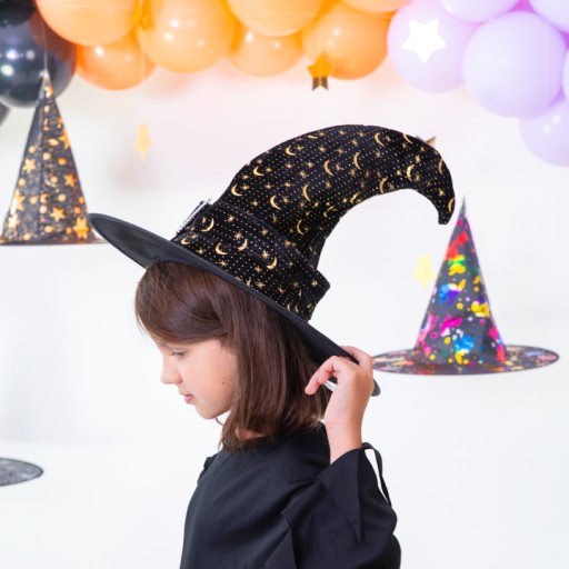 Čarodejnícky klobúk, čierno-zlatý zakrivený čarodejnícky halloweenský prestroj