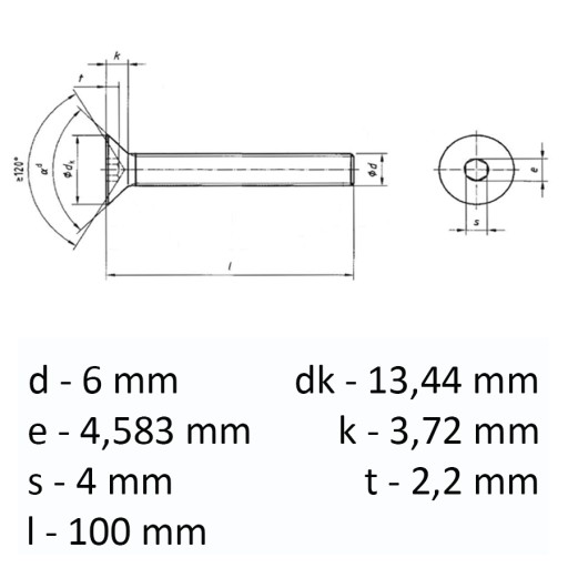 INOX A2 kužeľová skrutka DIN 7991 M6 x 100 - 10 ks.